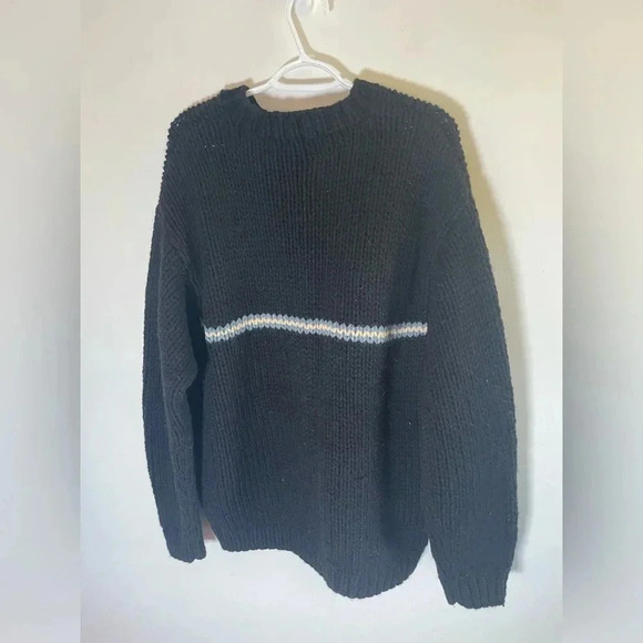 Vintage 90s‎ Mens J Crew Hand Knit Black Wool Chunky Striped Crew Sweater Sz L - Picture 5 of 8